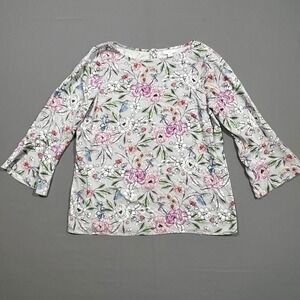 J. Jill Satin Top Blouse Floral Hummingbird Print Bell Sleeve Gray Womens Size S